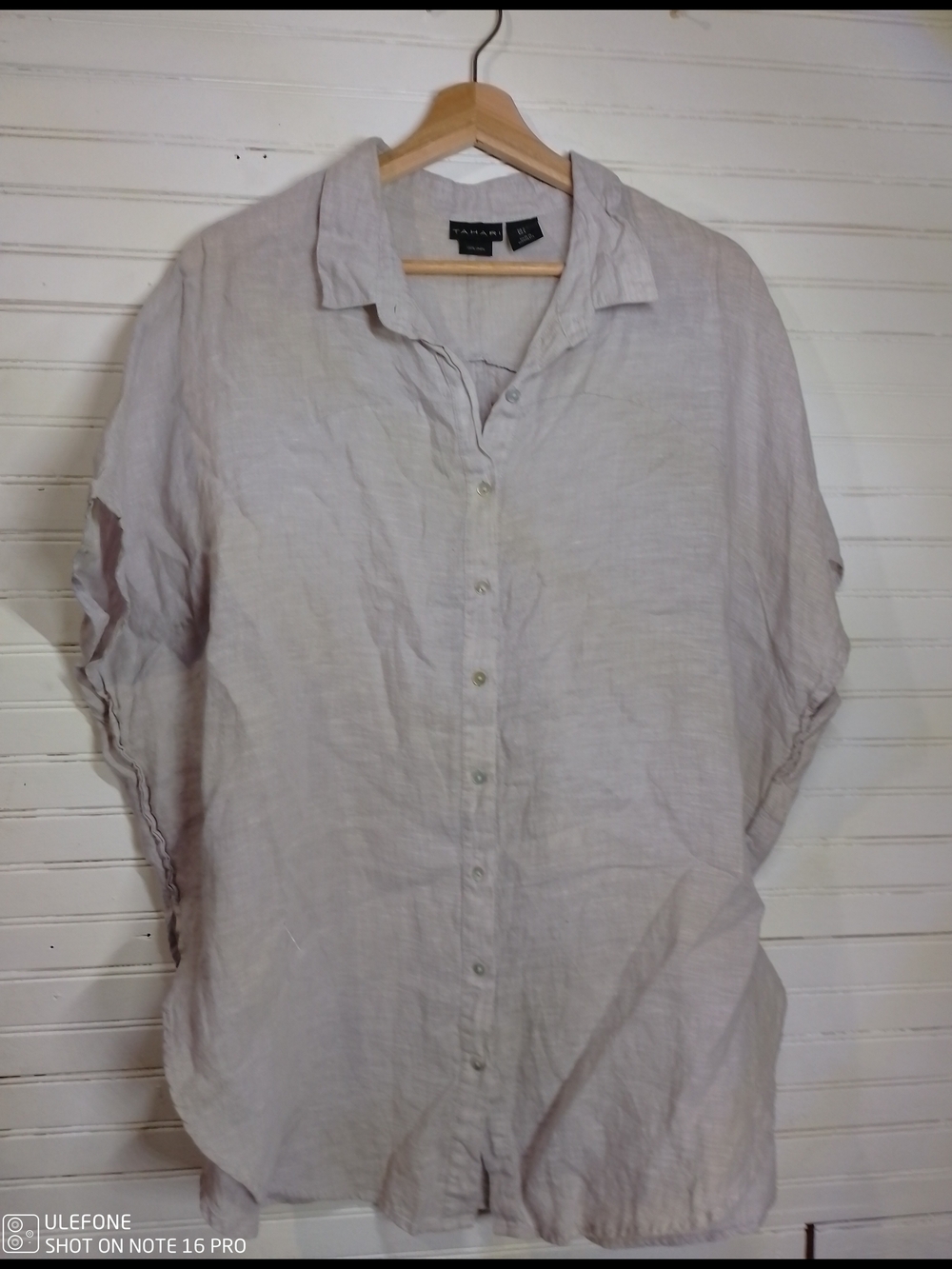 Tahari Soft Beige Linen Button-Down Blouse